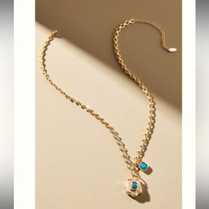 Anthropologie Gold Scallop Locket Necklace with Turquoise Accent